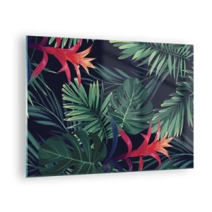 Obraz na skle - Exotické listy a květiny na tmavém pozadí - 70x50cm - Vzplanout v zeleném - Moderní nástěnná dekorace do obývacího pokoje a ložnice ARTTOR