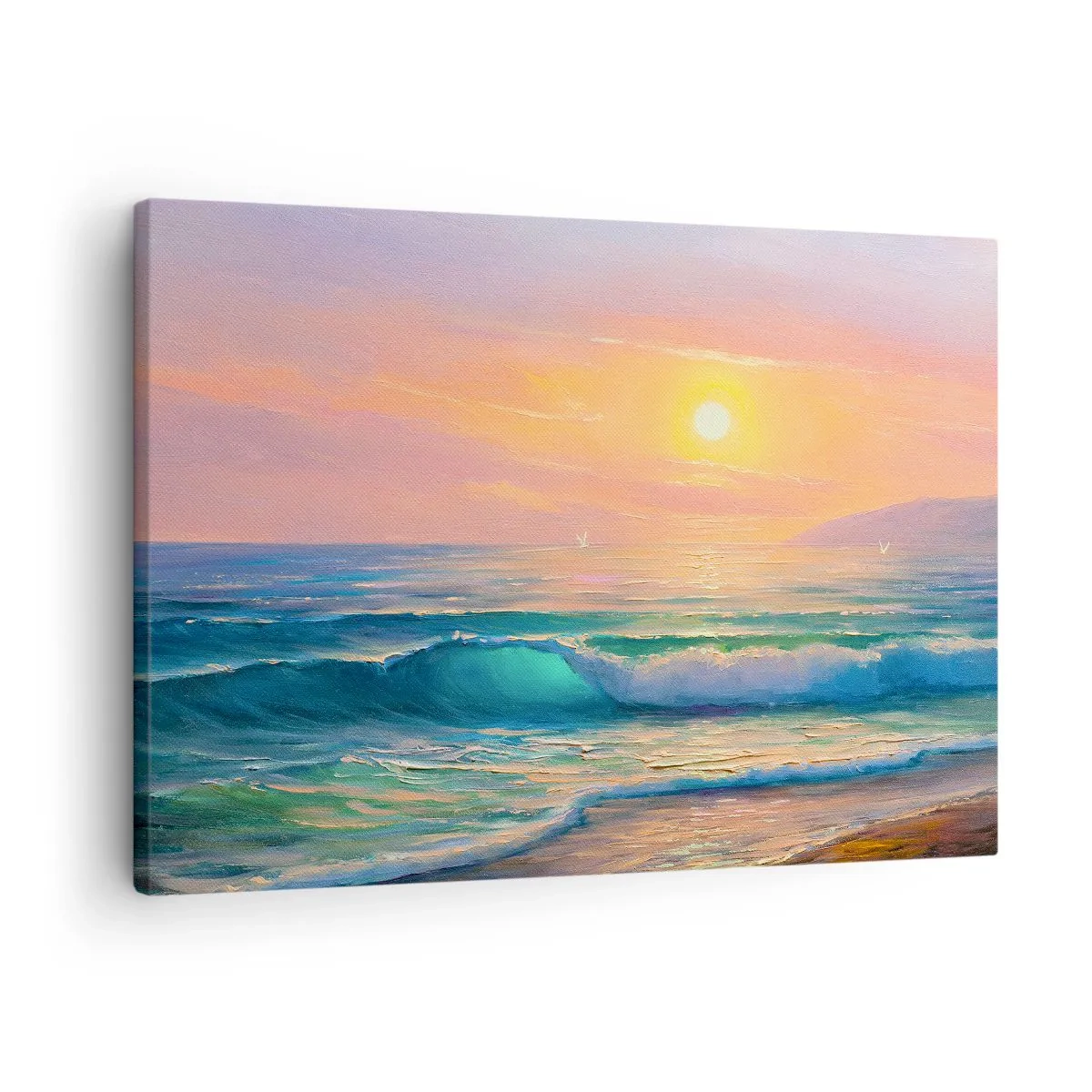 Obraz na plátně - Mořská krajina se západem slunce - 70x50cm - Tyrkysová píseň vln - Moderní nástěnná dekorace do obývacího pokoje a ložnice ARTTOR