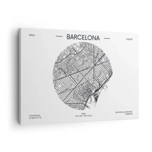 Obraz na plátně - Mapa Barcelony v minimalistickém černobílém stylu - 70x50cm - Anatomie Barcelony - Moderní nástěnná dekorace do obývacího pokoje a ložnice ARTTOR