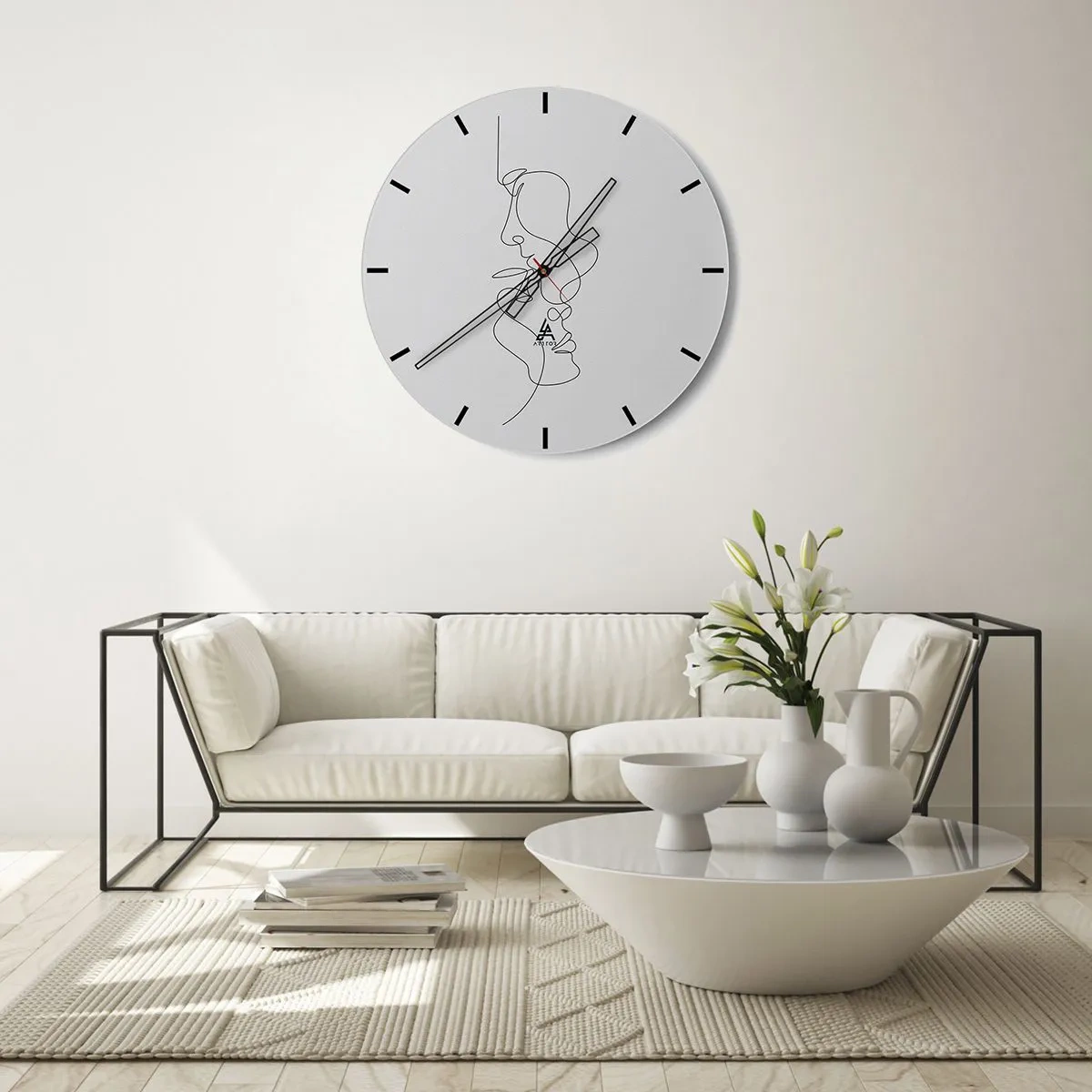 Nástěnné hodiny - Minimalistické obrysy obličeje v černých čarách na bílém pozadí - 30x30cm - Žár vášnivých tužeb - Moderní nástěnná dekorace do obývacího pokoje, kuchyně a ložnice ARTTOR
