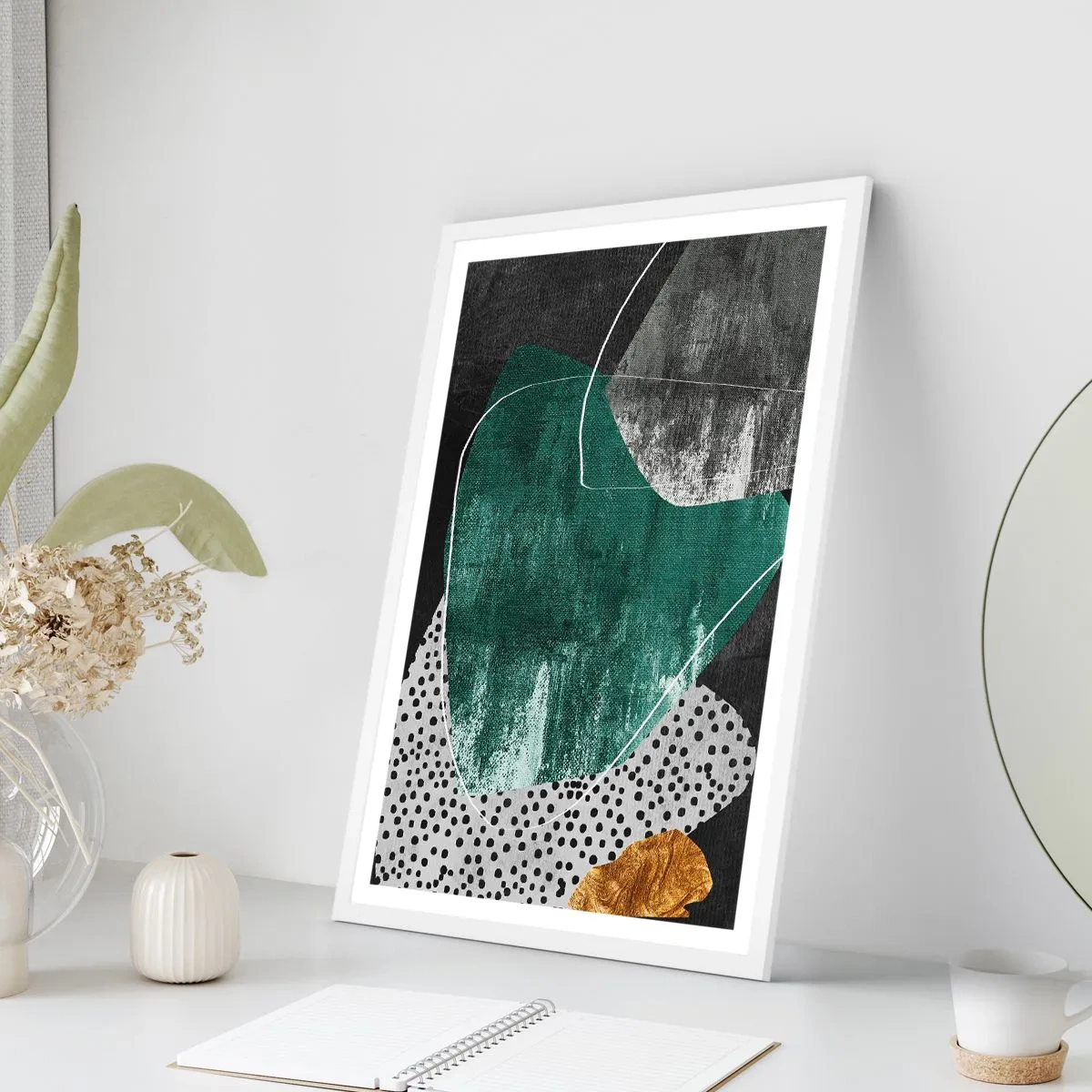 Plakát v bílém rámu - Barevná abstrakce se zlatou vločkou - 50x70 cm