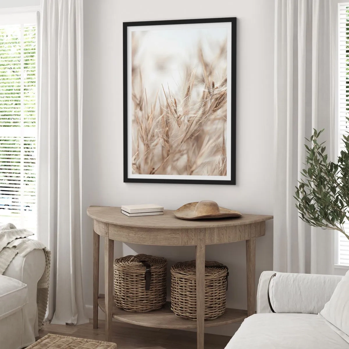 Plakát v černém rámu - Jemné travnaté klasy v béžové barvě - 50x70cm - Louka a vítr - Moderní nástěnná dekorace do obývacího pokoje a ložnice ARTTOR