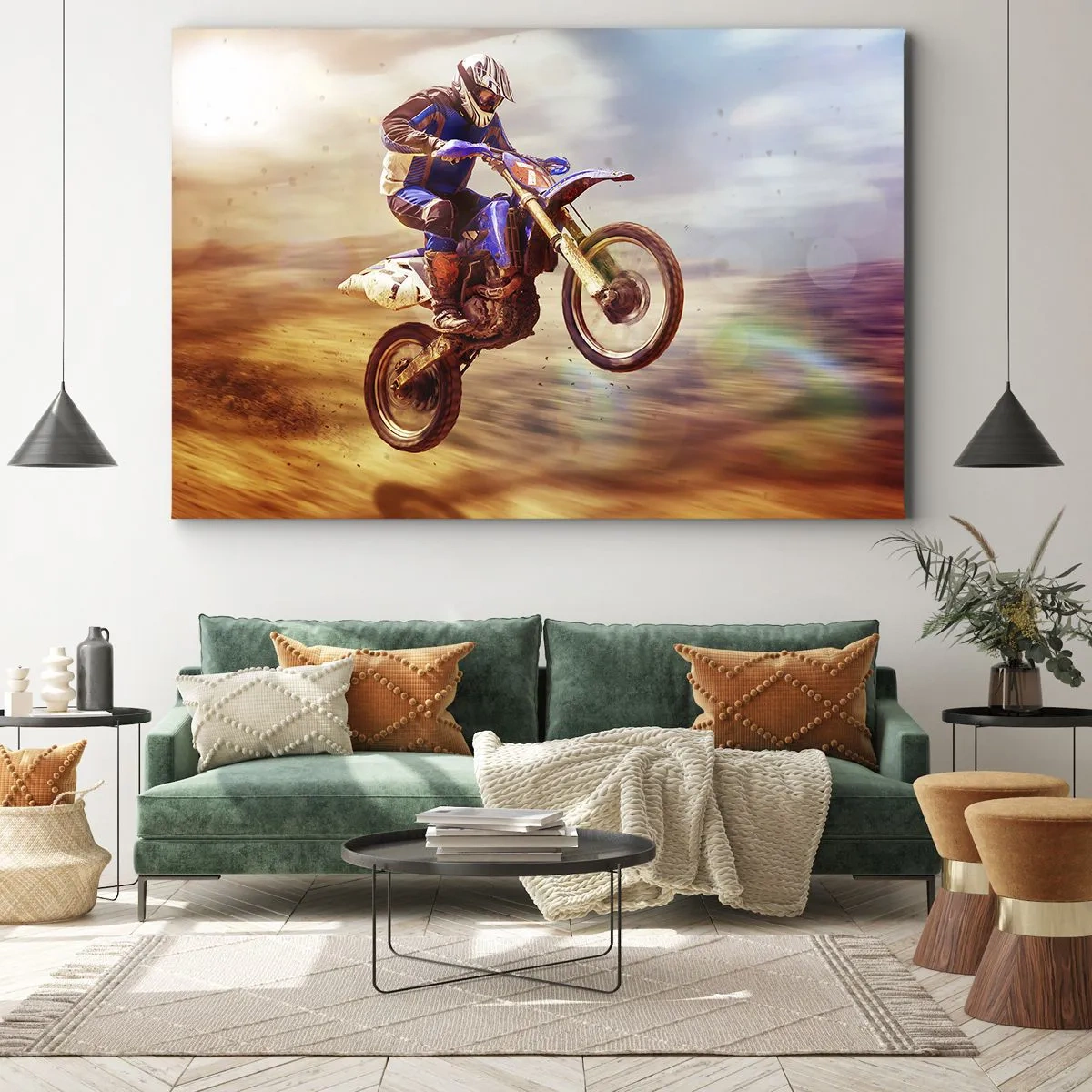 Obraz na plátně - Motocyklista za letu během dynamické jízdy v terénu - 70x50cm - Motocyklová závrať - Moderní nástěnná dekorace do obývacího pokoje a ložnice ARTTOR