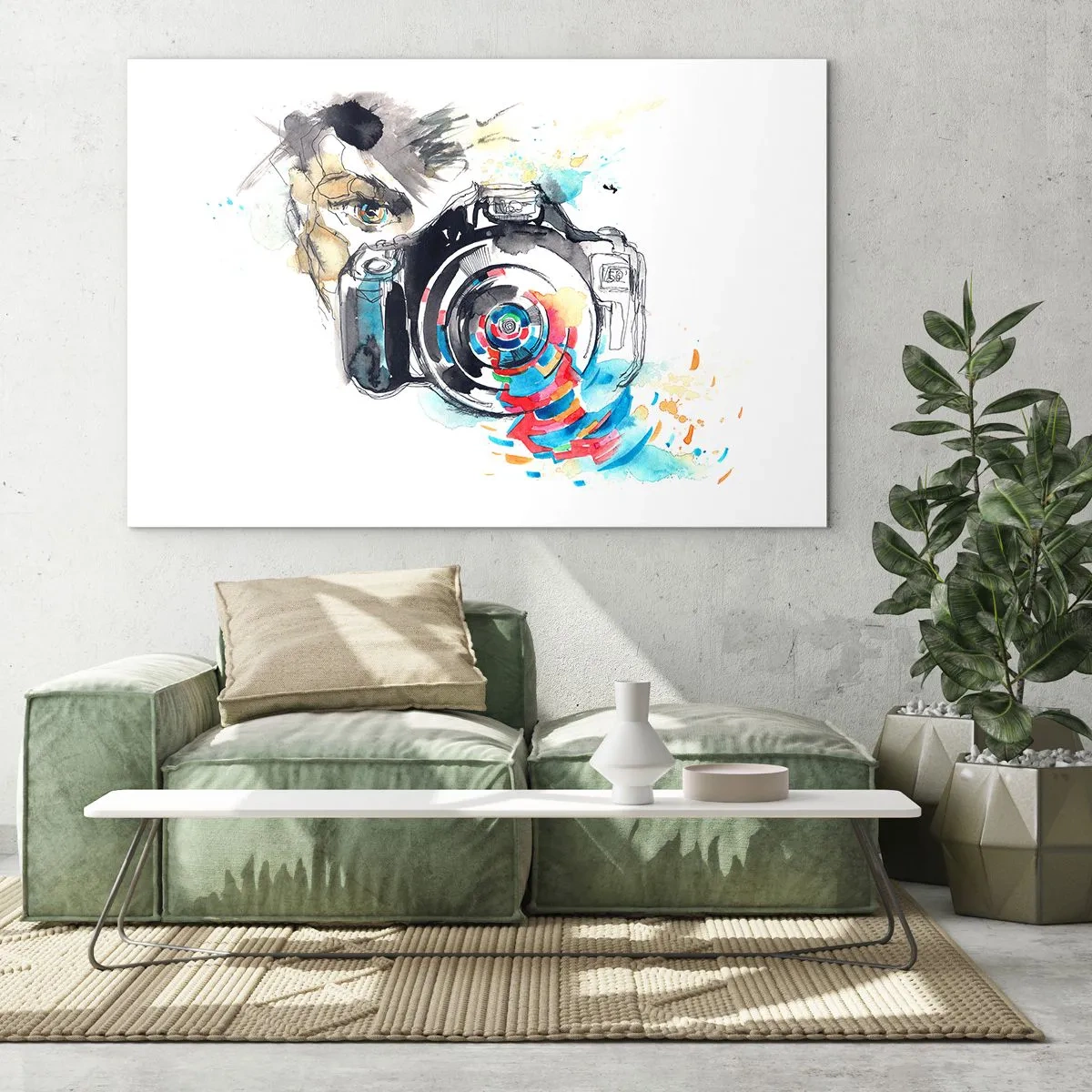 Obraz na skle - Fotoaparát s abstraktními barevnými prvky - 70x50cm - Okem objektivu - Moderní nástěnná dekorace do obývacího pokoje a ložnice ARTTOR