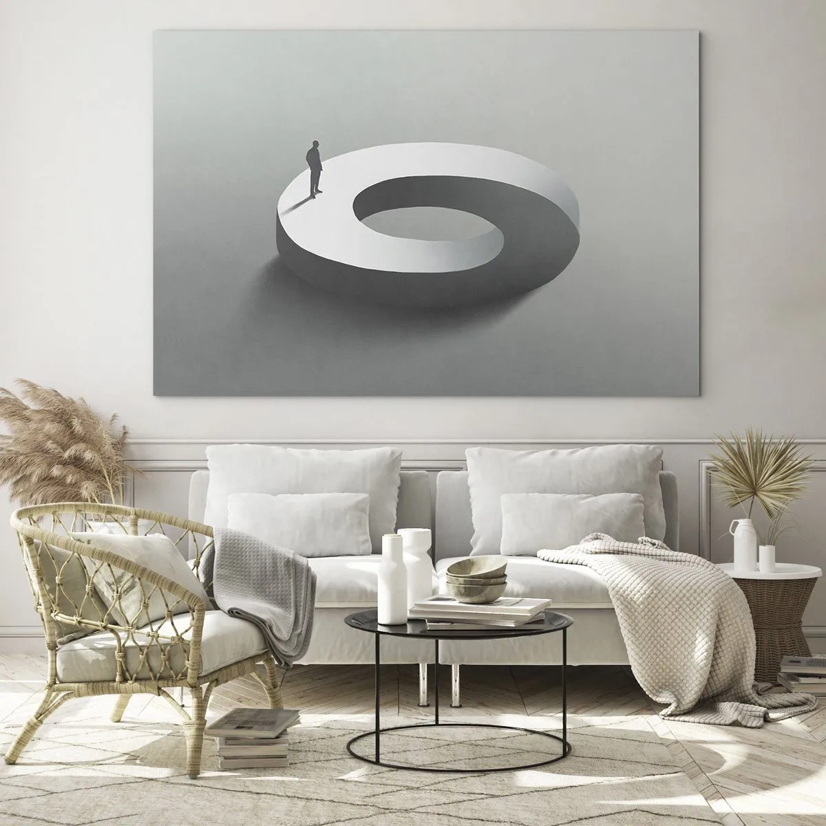Obraz na skle - Minimalistická silueta muže na bílém prstenu - 70x50cm - To pochopíš - Moderní nástěnná dekorace do obývacího pokoje a ložnice ARTTOR