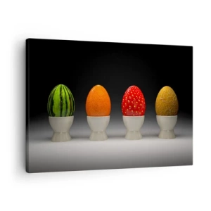 Obraz na plátně - Barevná vejce připomínající ovoce na tmavém pozadí - 70x50cm - Ovocná snídaně - Moderní nástěnná dekorace do obývacího pokoje a ložnice ARTTOR