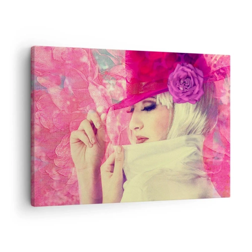 Obraz na plátně - Stylová žena v růžovém klobouku s květinou - 70x50cm - Retro portrét v růžové mlze - Moderní nástěnná dekorace do obývacího pokoje a ložnice ARTTOR