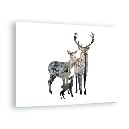 Obraz na skle - Siluety jelenů s lesním motivem v minimalistickém stylu - 70x50cm - Rodinná fotografie - Moderní nástěnná dekorace do obývacího pokoje a ložnice ARTTOR