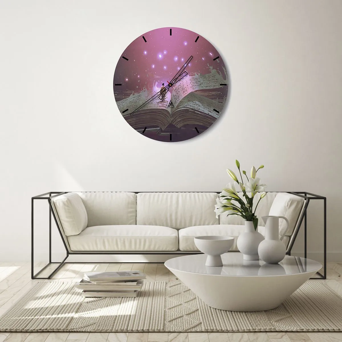 Nástěnné hodiny - Otevřená kniha s magickou růžovou září - 30x30cm - Pozvánka do jiného světa - přečti si to! - Moderní nástěnná dekorace do obývacího pokoje, kuchyně a ložnice ARTTOR