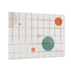 Obraz na skle - Barevné kruhy na geometrické mřížce tenkých čar - 70x50cm - V pasti. My nebo ony? - Moderní nástěnná dekorace do obývacího pokoje a ložnice ARTTOR