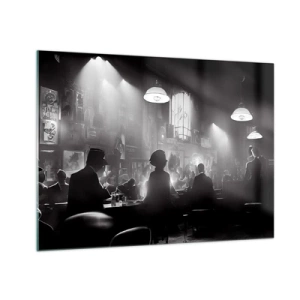Obraz na skle - Černobílé jazzové pódium v interiéru klubu - 70x50cm - V jazzové atmosféře - Moderní nástěnná dekorace do obývacího pokoje a ložnice ARTTOR