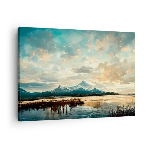 Obraz na plátně - Malebná krajina s horou a klidným jezerem - 70x50cm - Pod ochranou nebe - Moderní nástěnná dekorace do obývacího pokoje a ložnice ARTTOR