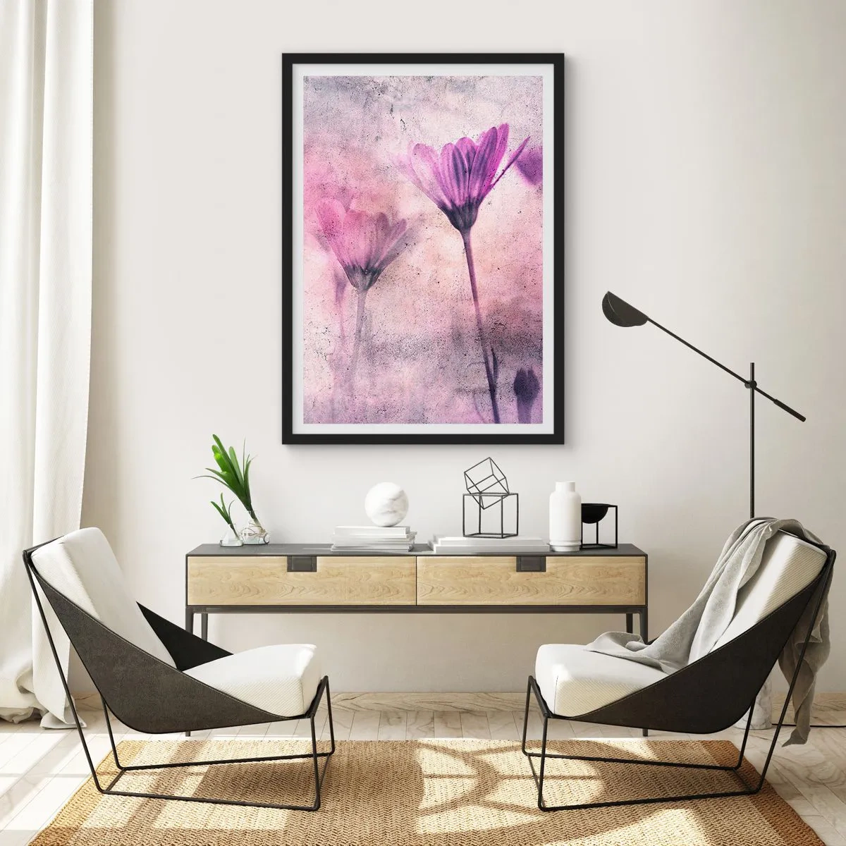 Plakát v černém rámu - Jemné květiny v odstínech růžové a fialové na světlém pozadí - 50x70cm - Sen květin - Moderní nástěnná dekorace do obývacího pokoje a ložnice ARTTOR