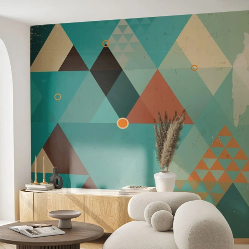 Fototapeta Standard Eco - Geometrická kompozice trojúhelníků v odstínech béžové a tyrkysové - 100x70cm - Jednota mnohosti, mnohost jednoty - Moderní nástěnná dekorace do obývacího pokoje a ložnice ARTTOR