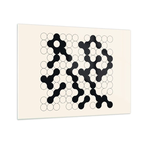 Obraz na skle - Černobílá grafická mozaika složená z propojených teček. - 70x50cm - Čínská hra – variace - Moderní nástěnná dekorace do obývacího pokoje a ložnice ARTTOR