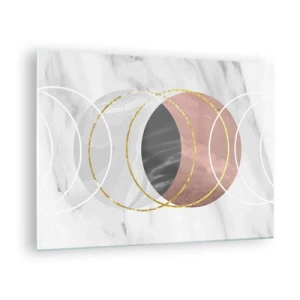 Obraz na skle - Geometrické kruhy v odstínech mědi, zlata a mramoru - 70x50cm - Hudba sfér - Moderní nástěnná dekorace do obývacího pokoje a ložnice ARTTOR