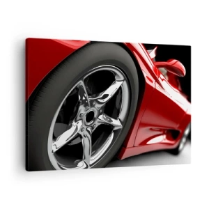 Obraz na plátně - Červené sportovní auto s chromovanými koly - 70x50cm - Vytvořený pro rychlost - Moderní nástěnná dekorace do obývacího pokoje a ložnice ARTTOR