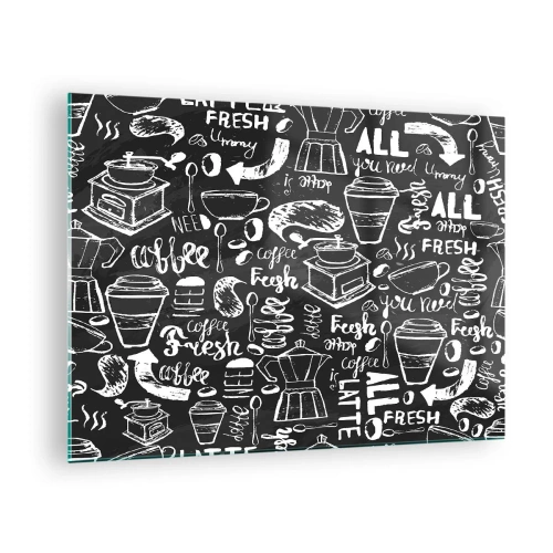 Obraz na skle - Kávová grafika a nápisy na černém pozadí v retro stylu - 70x50cm - All you need is… - Moderní nástěnná dekorace do obývacího pokoje a ložnice ARTTOR