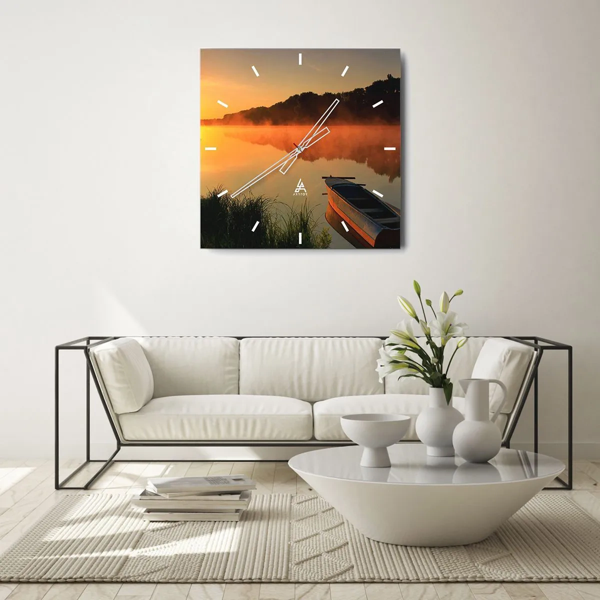 Nástěnné hodiny - Východ slunce u vody jako povrch zrcadla - 30x30 cm
