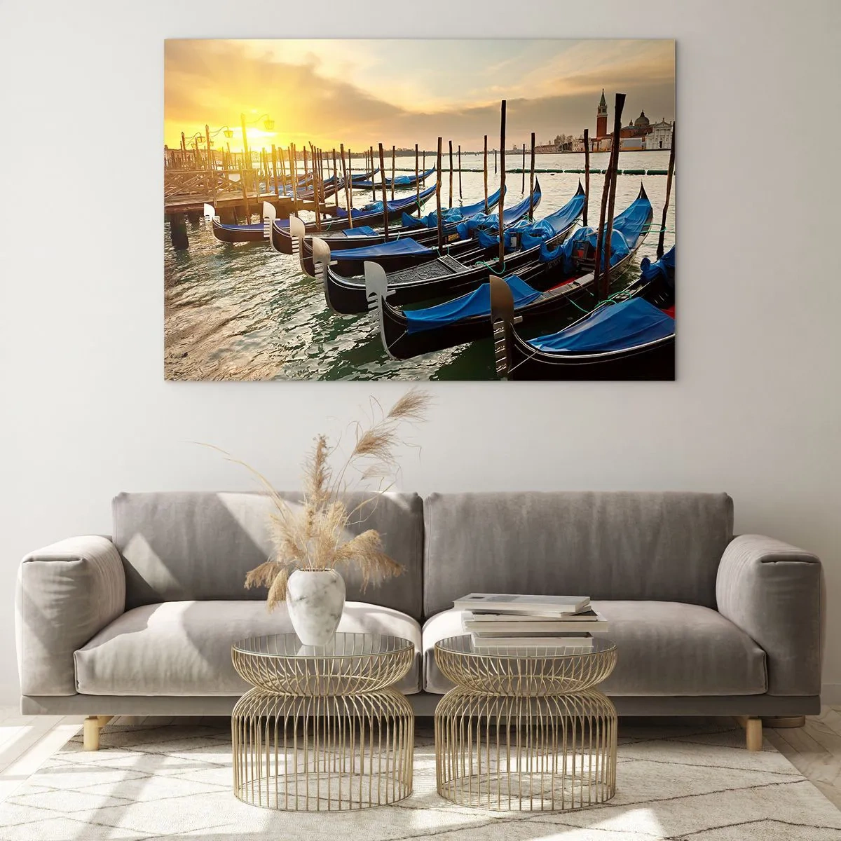 Obraz na skle - Gondoly v Benátkách při západu slunce - 70x50cm - Než nastane zmatek - Moderní nástěnná dekorace do obývacího pokoje a ložnice ARTTOR