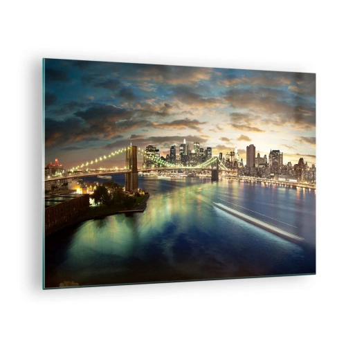 Obraz na skle - Pohled na most a město při západu slunce - 70x50cm - Zářivý večer nad Manhattanem - Moderní nástěnná dekorace do obývacího pokoje a ložnice ARTTOR