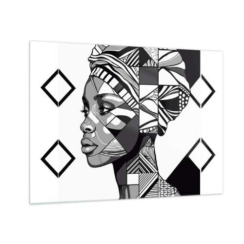 Obraz na skle - Černobílý etnický portrét ženy s geometrickými vzory - 70x50cm - Etnický portrét - Moderní nástěnná dekorace do obývacího pokoje a ložnice ARTTOR