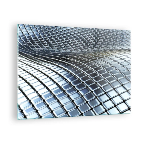 Obraz na skle - Abstraktní povrch s lesklými kovovými čtverečky - 70x50cm - Kovová stříbrná vlna - Moderní nástěnná dekorace do obývacího pokoje a ložnice ARTTOR