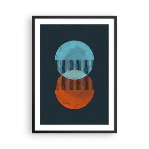 Plakát v černém rámu - Abstraktní kruhy v odstínech modré a oranžové - 50x70cm - Astronomická fantazie - Moderní nástěnná dekorace do obývacího pokoje a ložnice ARTTOR