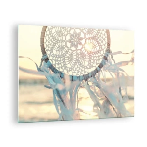 Obraz na skle - Krajkový totem s jemnými třásněmi na pozadí zapadajícího slunce nad mořem. - 70x50cm - Krajkový totem - Moderní nástěnná dekorace do obývacího pokoje a ložnice ARTTOR