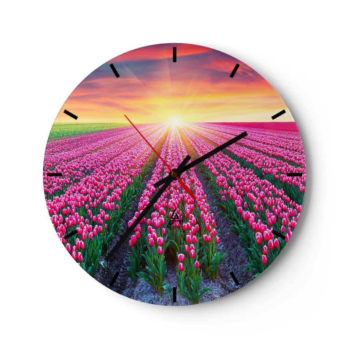 Nástěnné hodiny - Pole červených tulipánů při západu slunce - 30x30cm - Farma krásy - Moderní nástěnná dekorace do obývacího pokoje, kuchyně a ložnice ARTTOR
