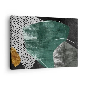 Obraz na plátně - Abstraktní kompozice se zelenými tvary a tečkovanými vzory - 70x50cm - Barevná abstrakce se zlatou vločkou - Moderní nástěnná dekorace do obývacího pokoje a ložnice ARTTOR
