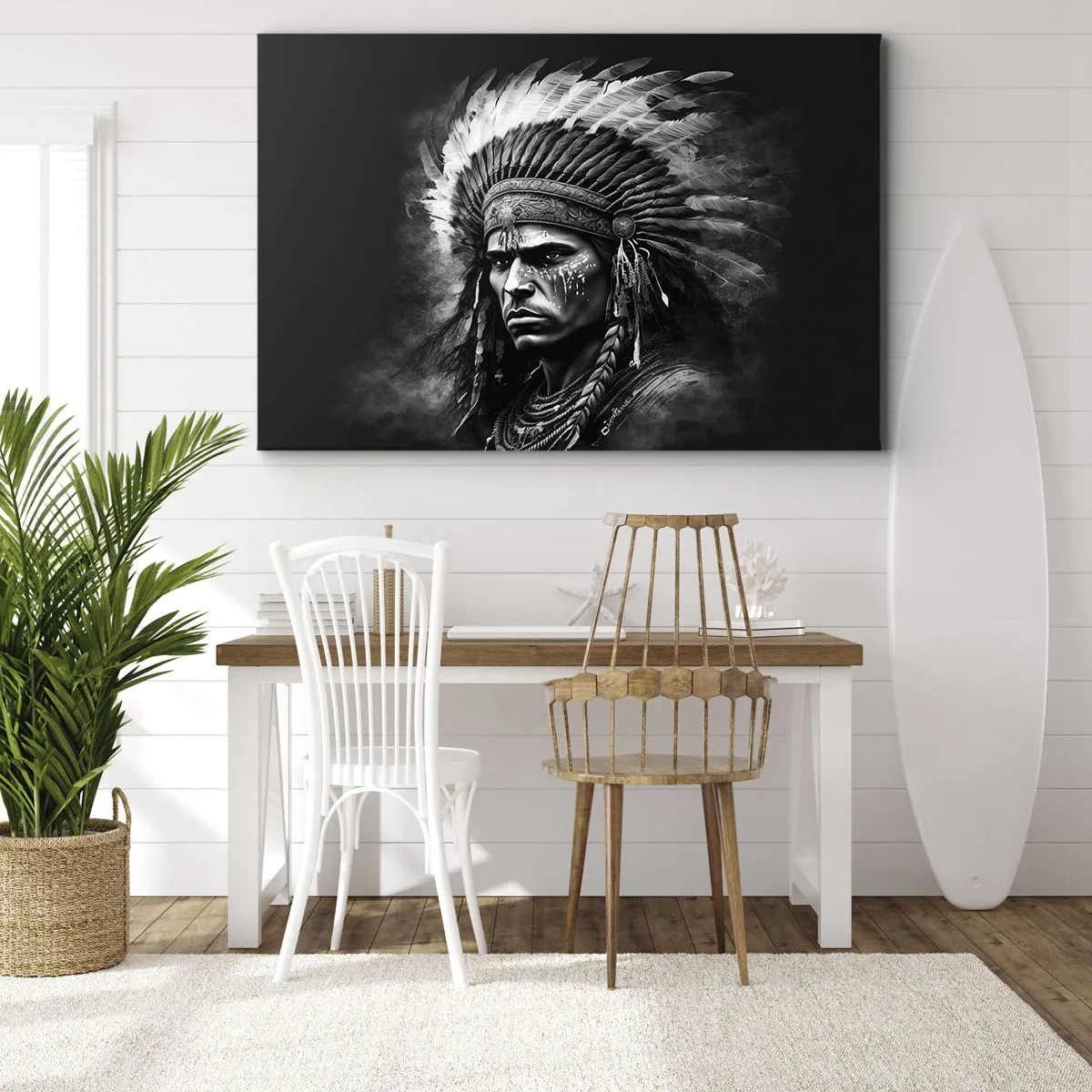 Obraz na plátně - Portrét náčelníka v opeřené čelence na černém pozadí - 70x50cm - Vůdce a bojovník - Moderní nástěnná dekorace do obývacího pokoje a ložnice ARTTOR