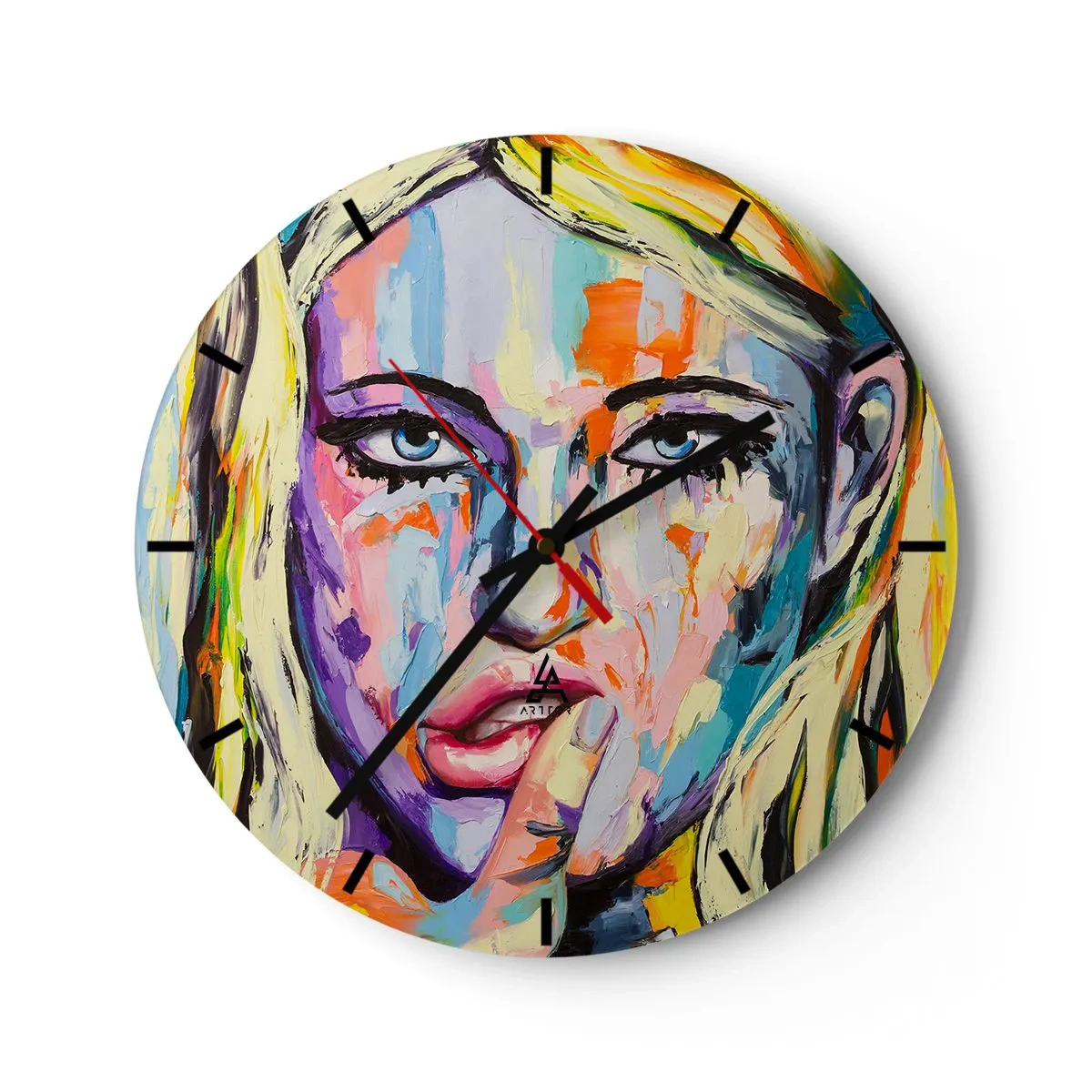 Nástěnné hodiny - Umělecký portrét ženy v barevných barvách - 30x30cm - Podívej se jí přímo do očí - Moderní nástěnná dekorace do obývacího pokoje, kuchyně a ložnice ARTTOR