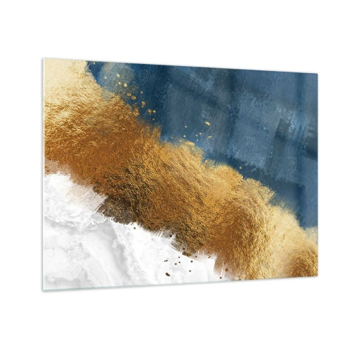 Obraz na skle - Zlaté tahy barvy na tmavě modrém a bílém pozadí - 70x50cm - Barvy léta - Moderní nástěnná dekorace do obývacího pokoje a ložnice ARTTOR