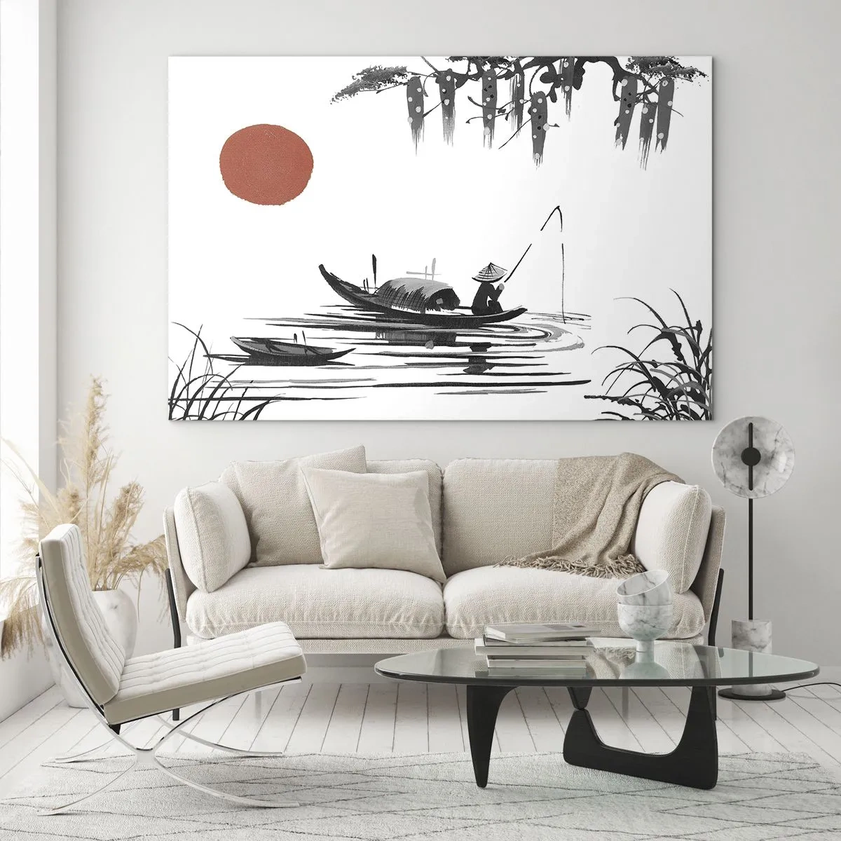 Obraz na skle - Tradiční rybářská loď na řece s rudým sluncem - 70x50cm - Asijské odpoledne - Moderní nástěnná dekorace do obývacího pokoje a ložnice ARTTOR