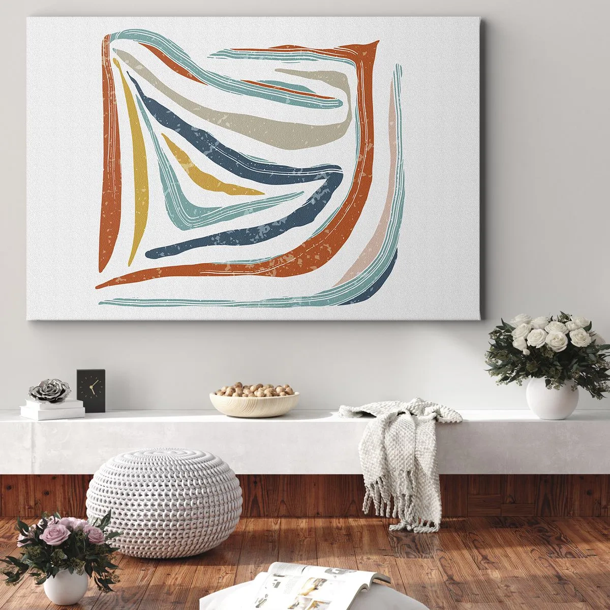 Obraz na plátně - Barevné, dynamické linie v odstínech modré, oranžové a béžové - 70x50cm - Přátelsky usměvavá abstrakce - Moderní nástěnná dekorace do obývacího pokoje a ložnice ARTTOR