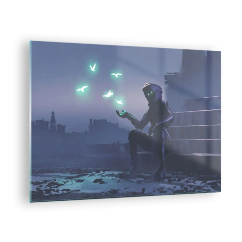 Obraz na skle - Postava ve tmě obklopená vznášejícími se zelenými ptáky - 70x50cm - Život se vrátí - Moderní nástěnná dekorace do obývacího pokoje a ložnice ARTTOR