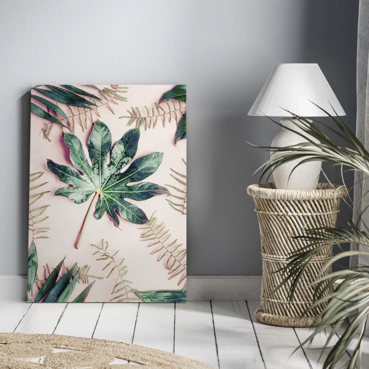 Obraz na plátně - Studie zelené na růžovém pozadí - 65x120 cm