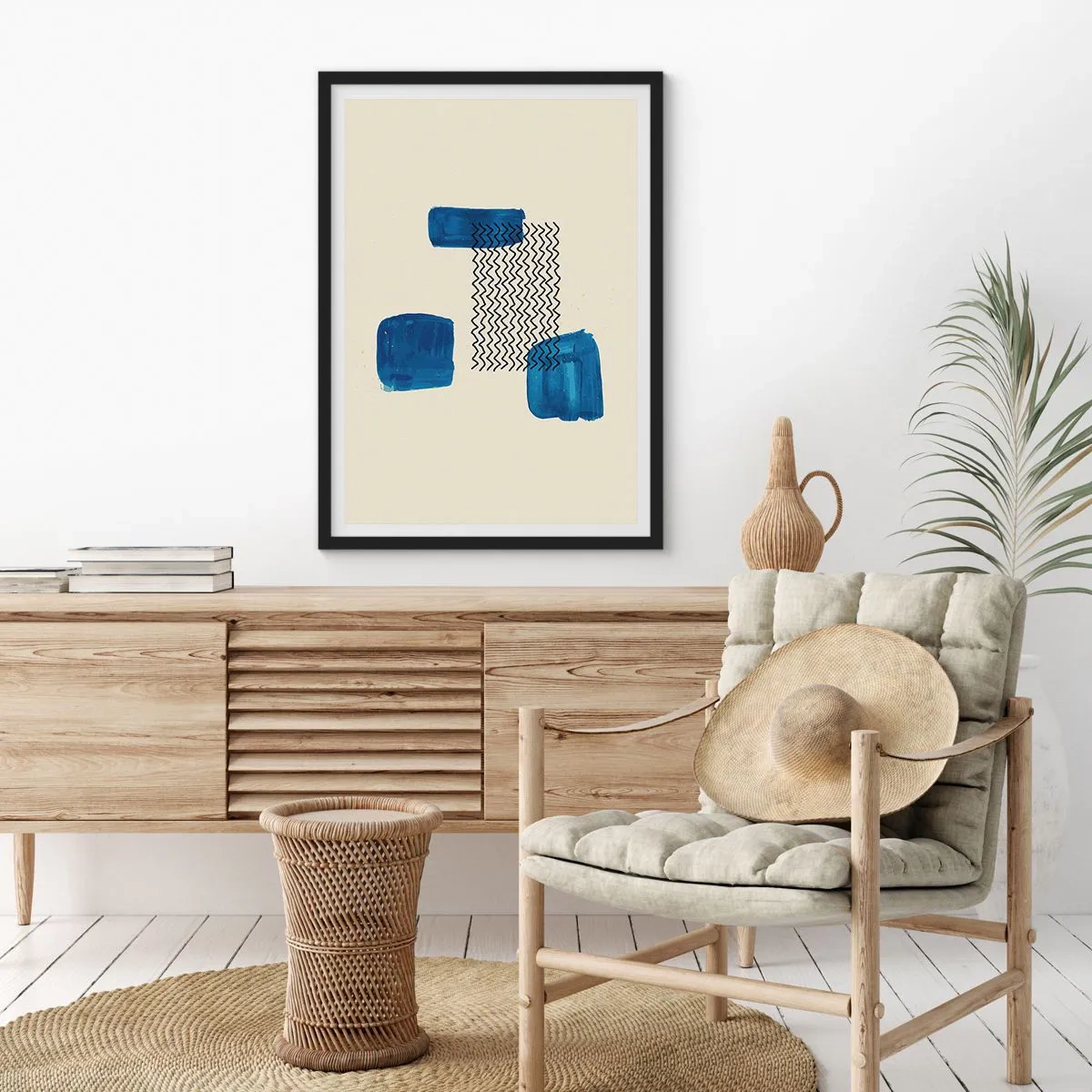 Plakát v černém rámu - Abstraktní kompozice v odstínech tmavě modré s linkami - 50x70cm - Abstraktní kvarteto - Moderní nástěnná dekorace do obývacího pokoje a ložnice ARTTOR