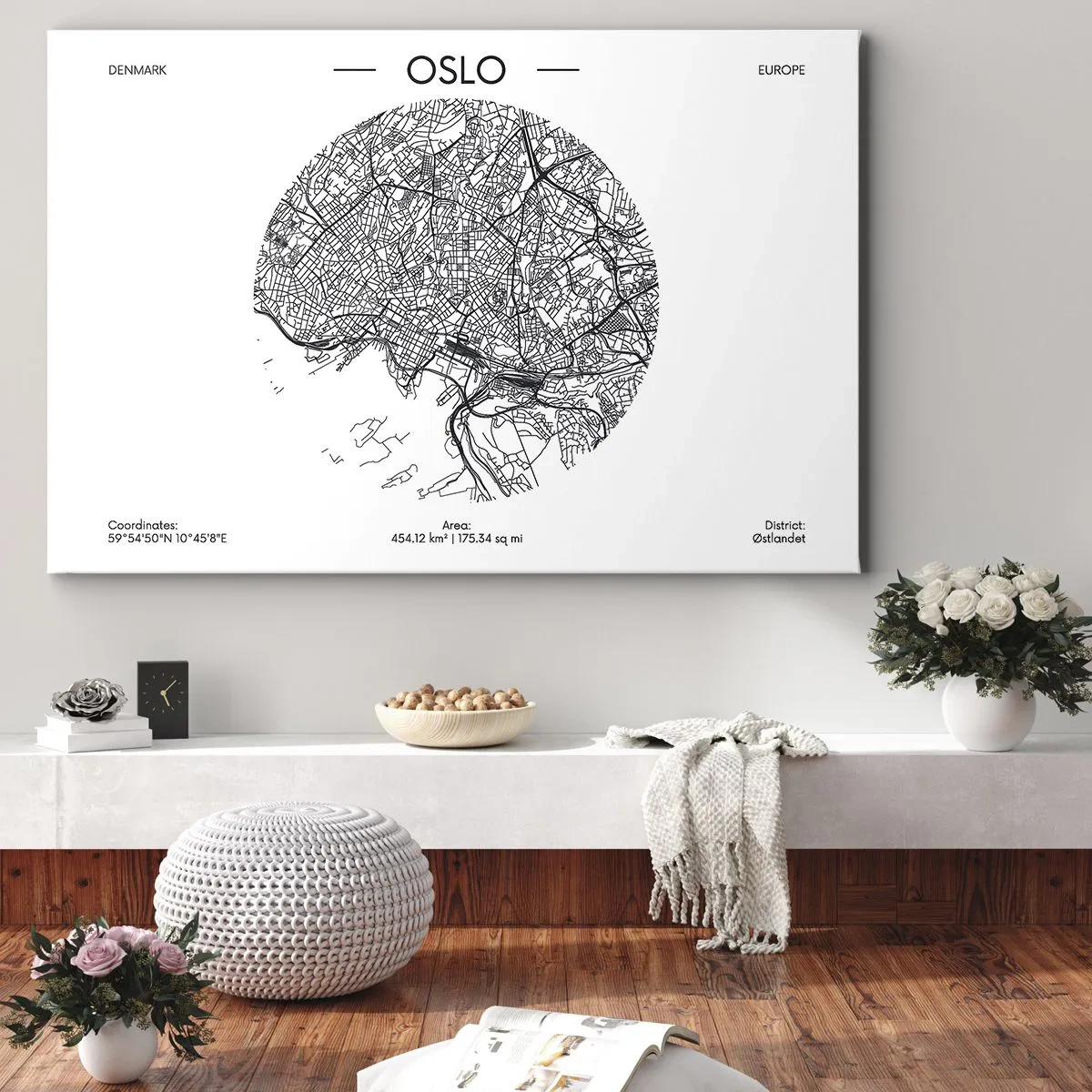 Obraz na plátně - Mapa Osla v minimalistickém černobílém stylu. - 70x50cm - Anatomie Osla - Moderní nástěnná dekorace do obývacího pokoje a ložnice ARTTOR