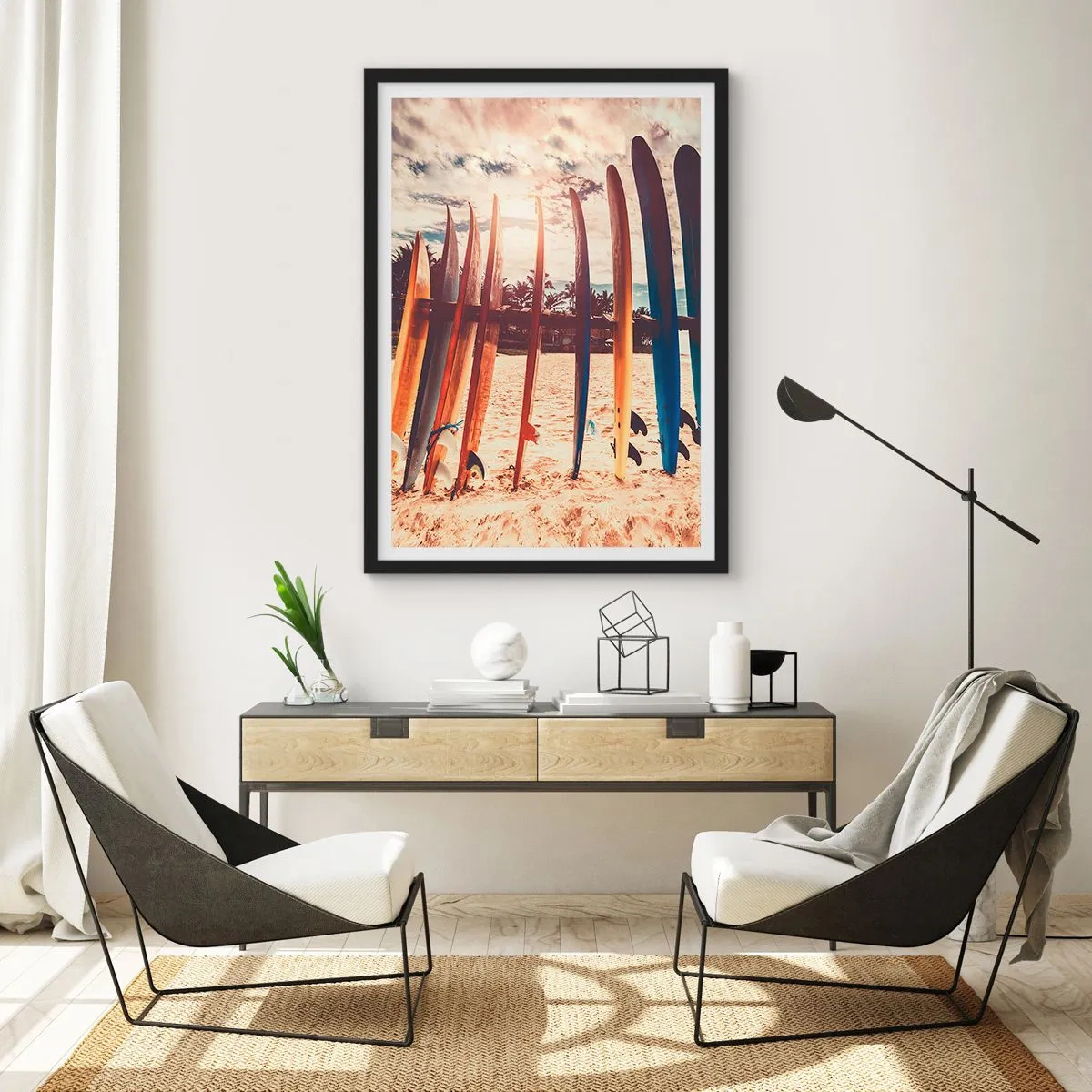 Plakát v černém rámu - Barevné surfy na pozadí pláže a palem - 50x70cm - Dobrou noc, nashle zítra. - Moderní nástěnná dekorace do obývacího pokoje a ložnice ARTTOR