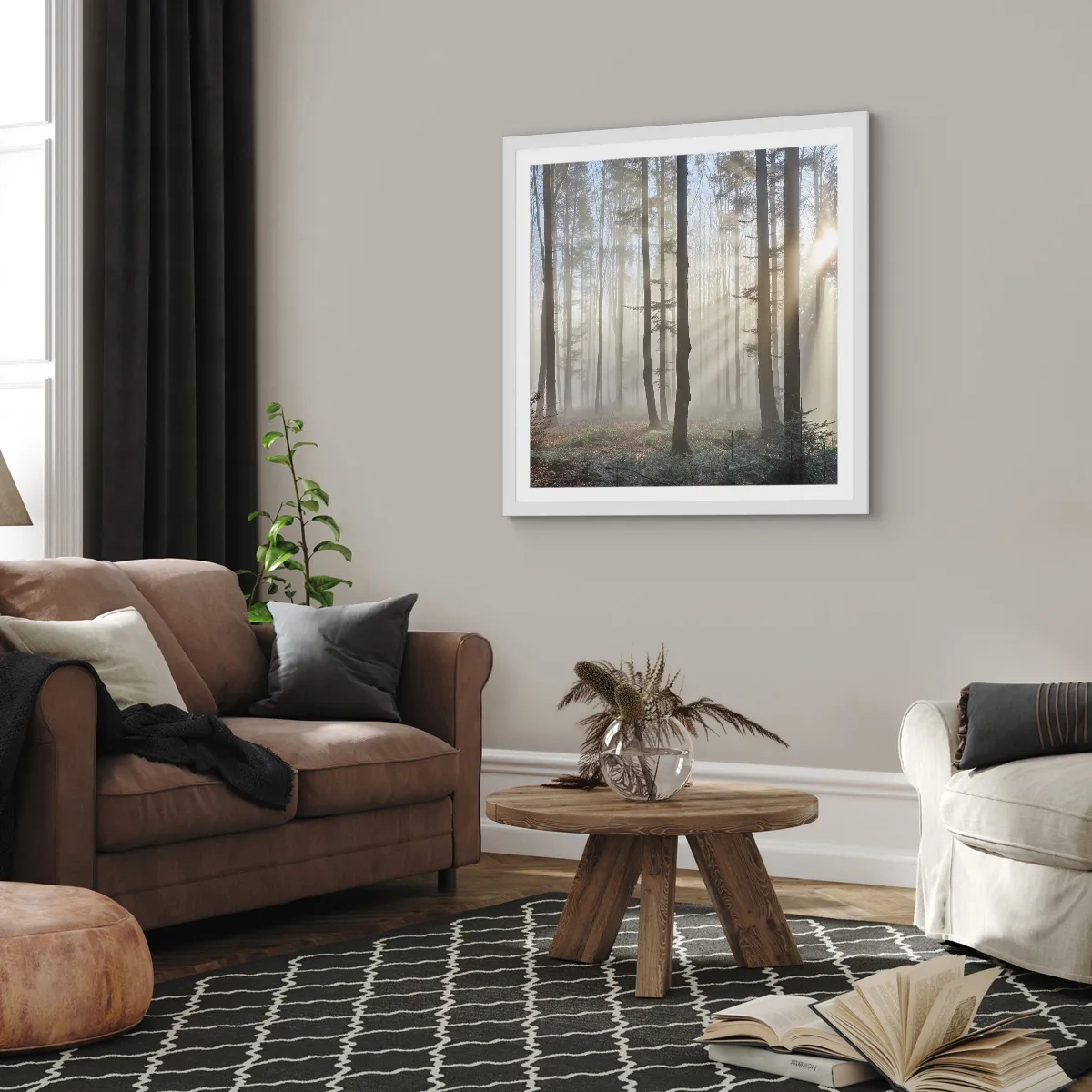 Plakát v bílém rámu - Mlha se také vzbudila - 60x60 cm