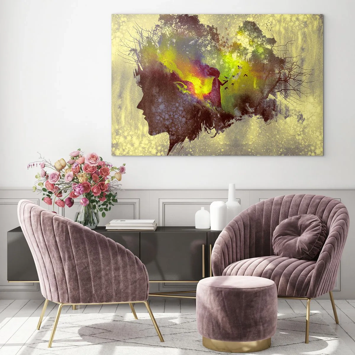 Obraz na skle - Profil ženské tváře plný přírody a barevných efektů. - 70x50cm - Matka příroda - Moderní nástěnná dekorace do obývacího pokoje a ložnice ARTTOR
