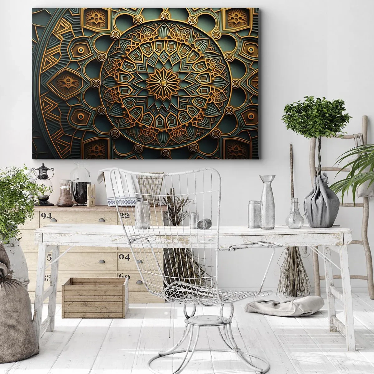 Obraz na plátně - Zlatá mandala na tyrkysovém pozadí s bohatými detaily. - 70x50cm - V arabském stylu - Moderní nástěnná dekorace do obývacího pokoje a ložnice ARTTOR