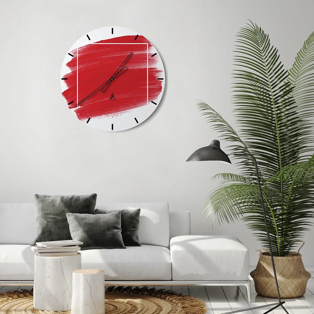 Nástěnné hodiny - Červený tah štětcem přes bílý okraj - 30x30cm - Mimo rám - Moderní nástěnná dekorace do obývacího pokoje, kuchyně a ložnice ARTTOR