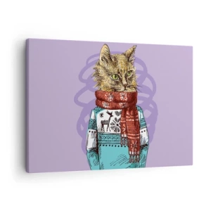 Obraz na plátně - Kočka ve svetru a šálu na fialovém pozadí - 70x50cm - Kočka nejenom v botách - Moderní nástěnná dekorace do obývacího pokoje a ložnice ARTTOR