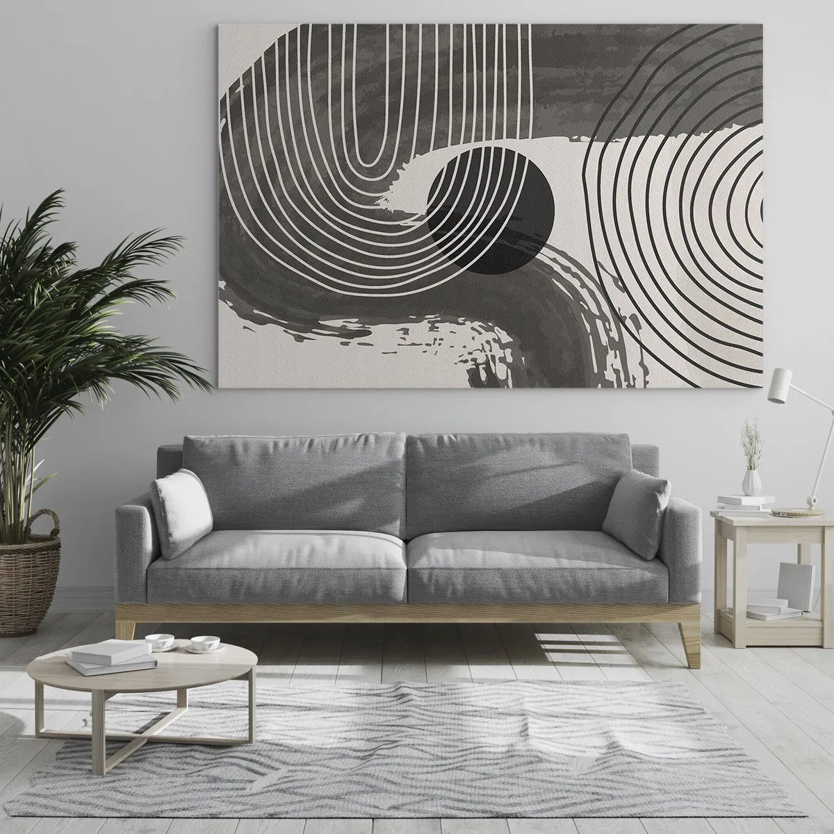 Obraz na skle - Moderní abstrakce s černobílými čarami a oválem - 70x50cm - Ovál vítězí - Moderní nástěnná dekorace do obývacího pokoje a ložnice ARTTOR