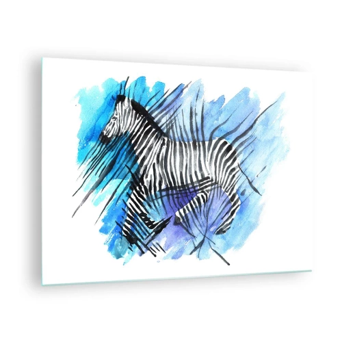 Obraz na skle - Zebra v umělecké akvarelové kompozici na modrém pozadí - 70x50cm - Skrytá v proužcích - Moderní nástěnná dekorace do obývacího pokoje a ložnice ARTTOR