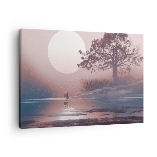 Obraz na plátně - Romantická scéna s měsícem a stromem u vody - 70x50cm - Noční zázraky - Moderní nástěnná dekorace do obývacího pokoje a ložnice ARTTOR
