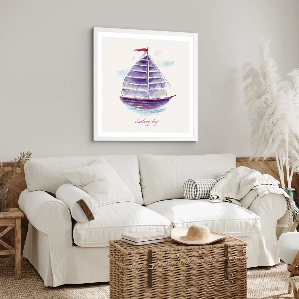 Plakát v bílém rámu - Napnuté plachty a klidná voda - 60x60 cm